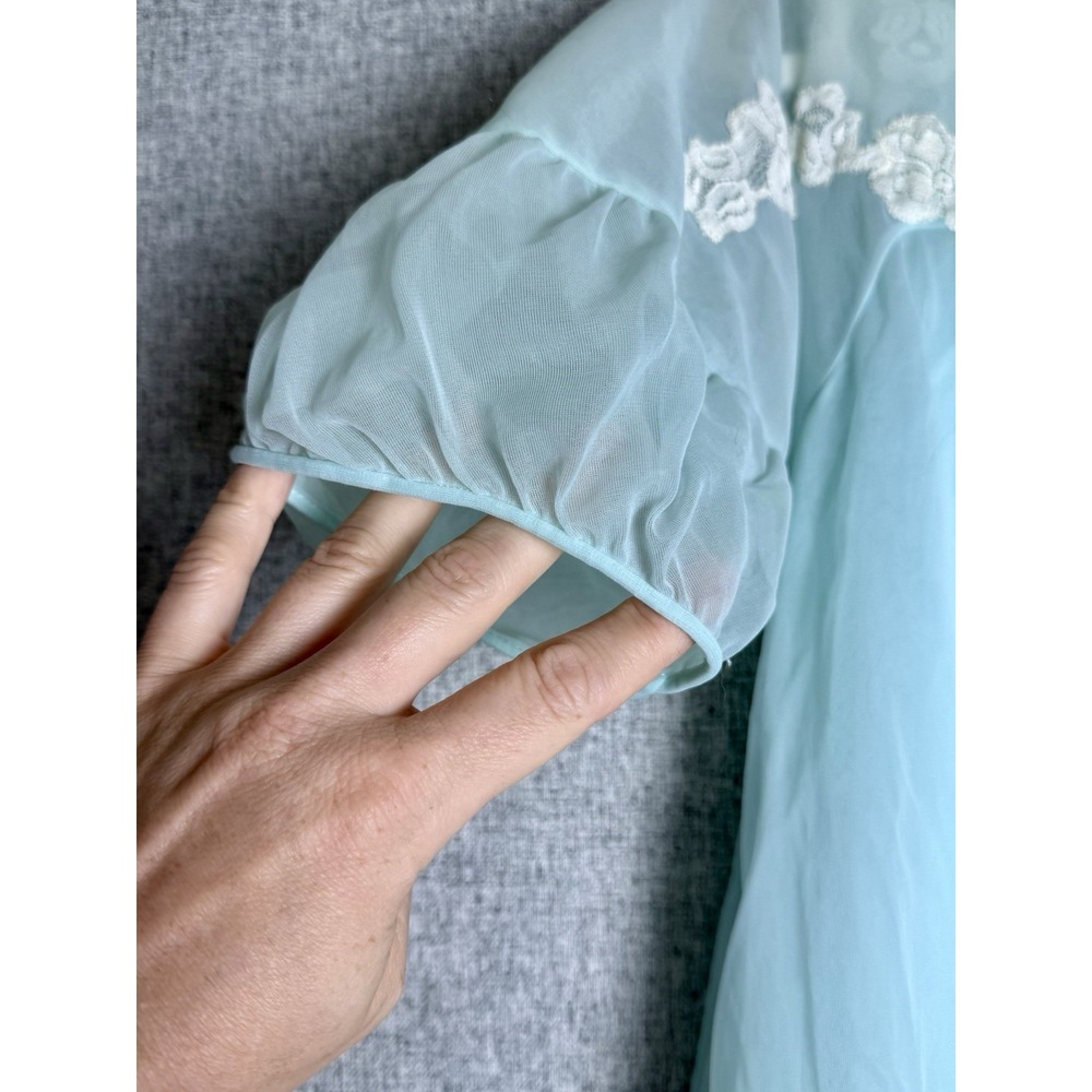 Vintage 60s Sea Foam Blue Green Lace Chiffon Nightgown Nightie Babydoll Robe LG - Picture 7 of 10
